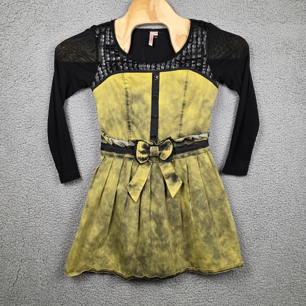 Tie Dye Dress Girls 12-14 Yellow Black Long Sleeve Fit &‎ Flare FairyGoth